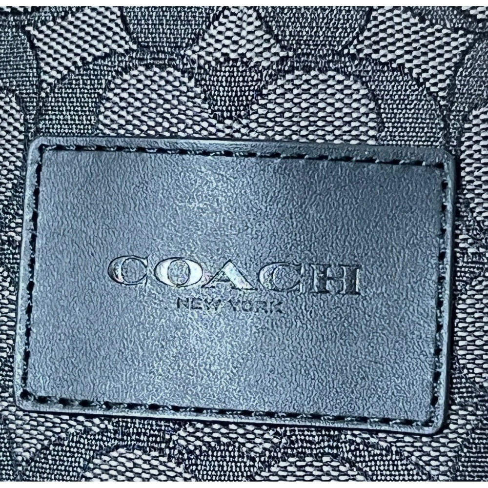 Coach Signature Jacquard Flat Brim Baseball Cap Charcoal Black Leather Logo M/L - Picture 3 of 12